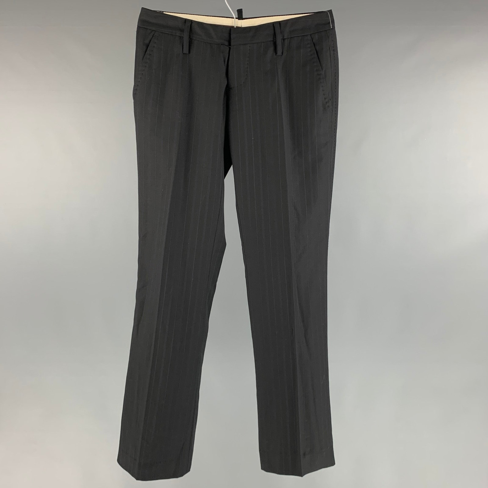 Dsquared2 Size 6 Black Navy Wool Stripe Zip Fly Dress Pants